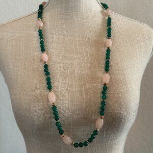 Vintage Rose Quartz and Green Glass Beaded Necklace